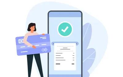 Cartoon lady holds gigantic credit card next to a gigantic cell phone. The phone screen displays a checkmark symbol and a receipt to demonstrate that a bill has been successfully paid.