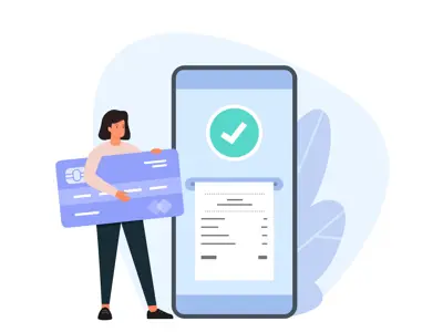 Cartoon lady holds gigantic credit card next to a gigantic cell phone. The phone screen displays a checkmark symbol and a receipt to demonstrate that a bill has been successfully paid.